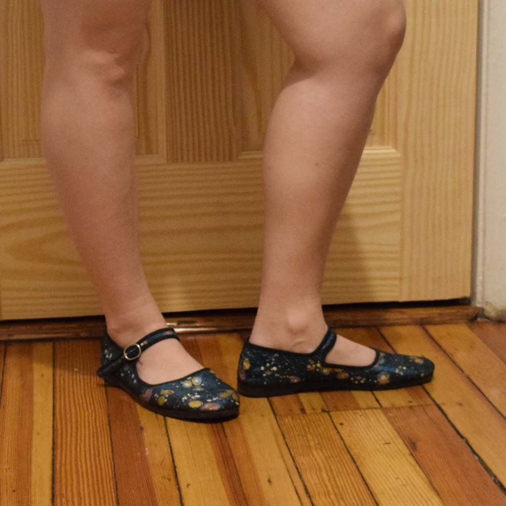 Size 7 Teal Floral Fabric Mary-Jane Flats